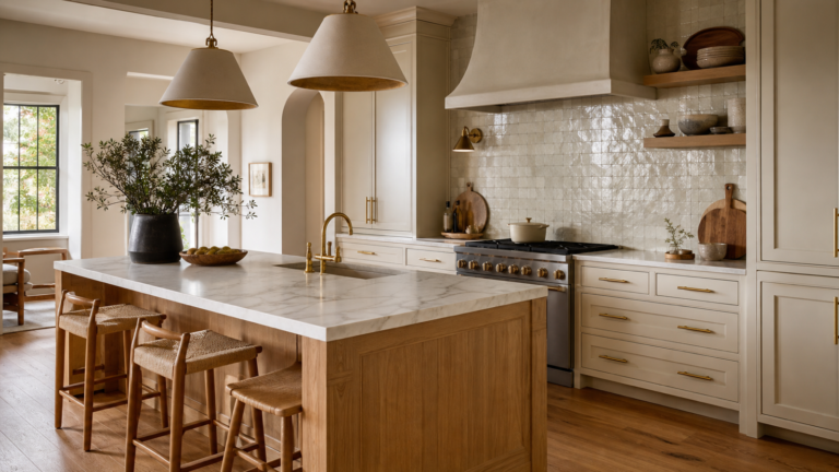 Warm neutral luxury kitchen with cream cabinets oak island and marble counters