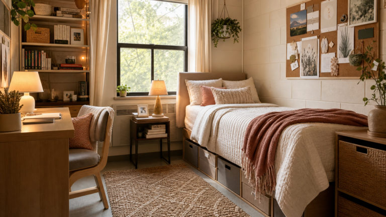 Cozy stylish dorm room with layered bedding, desk, storage, and warm lighting