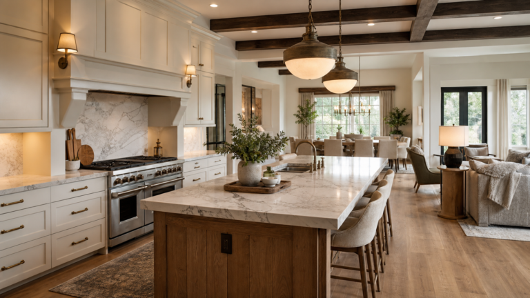 Warm open kitchen design connected to dining and living areas