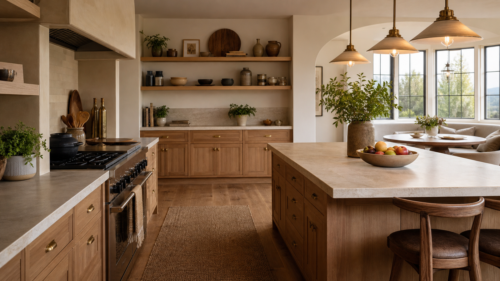Cozy functional kitchen with wood cabinets, stone counters, open shelves, and warm lighting