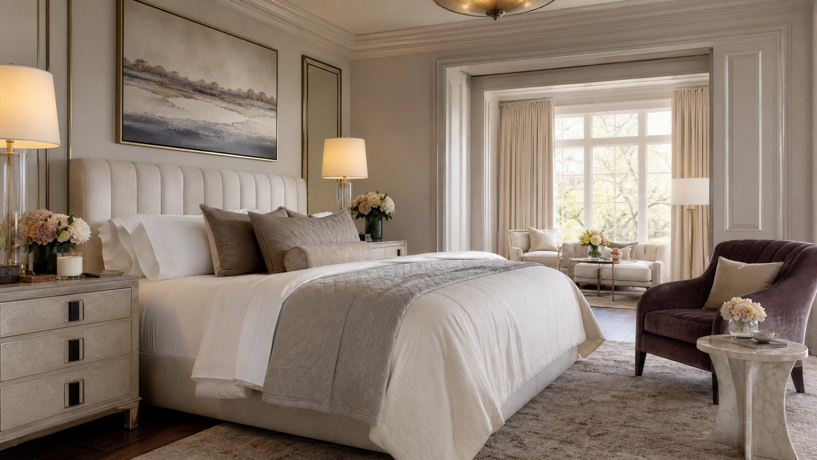 Dream room decor with layered bedding, warm lighting, art, and sitting nook