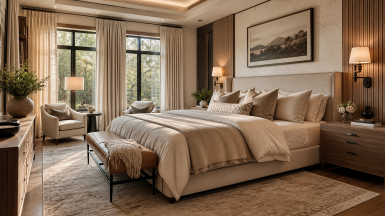 Cozy stylish luxury bedroom retreat with layered bedding and warm lighting