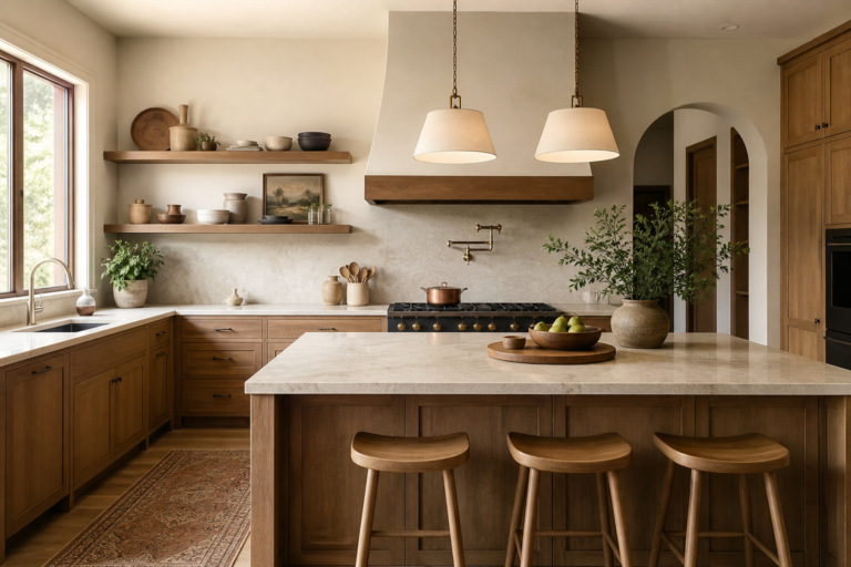 Simple warm kitchen design with wood cabinets, stone counters, island, and organized storage