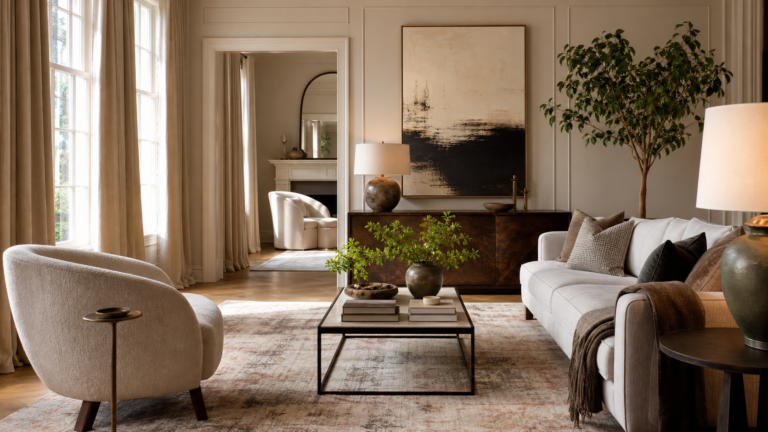 Elegant living room decor refresh with tall curtains, art, greenery, and warm lighting