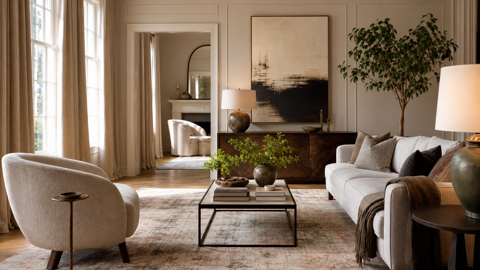 Elegant living room decor refresh with tall curtains, art, greenery, and warm lighting