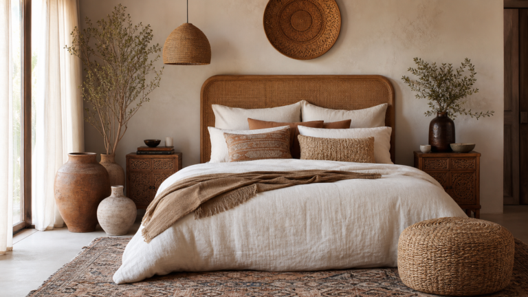 Cozy boho bedroom retreat with rattan headboard, linen bedding, vintage rug, and woven pendant