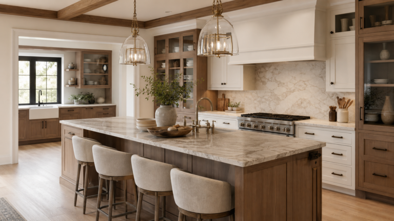 Warm functional kitchen island with stone countertop wood cabinetry pendant lights and stools