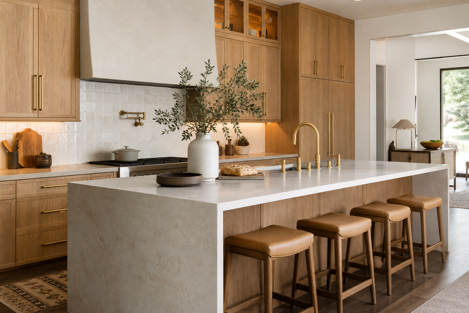 Warm modern luxury kitchen with oak cabinetry, stone island, brass accents, and natural light