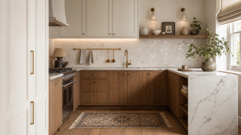 Beautiful small kitchen with warm cabinetry stone counters and elegant storage