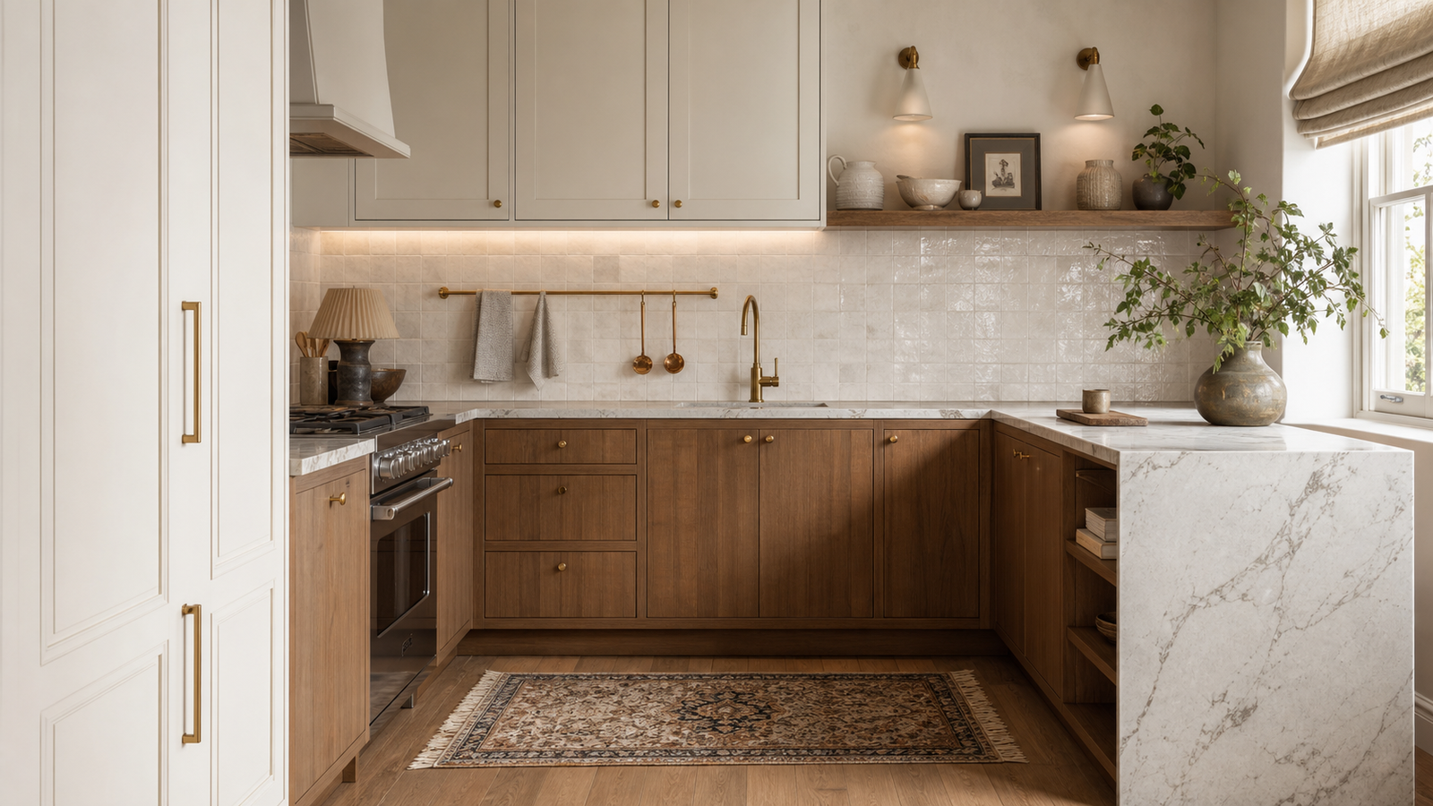 Beautiful small kitchen with warm cabinetry stone counters and elegant storage