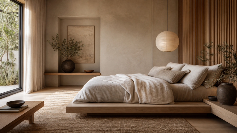 Japandi bedroom retreat with low oak bed linen bedding paper pendant and woven rug