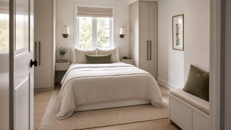 Stylish small bedroom with centered bed, built-in storage, floating nightstands, and wall sconces