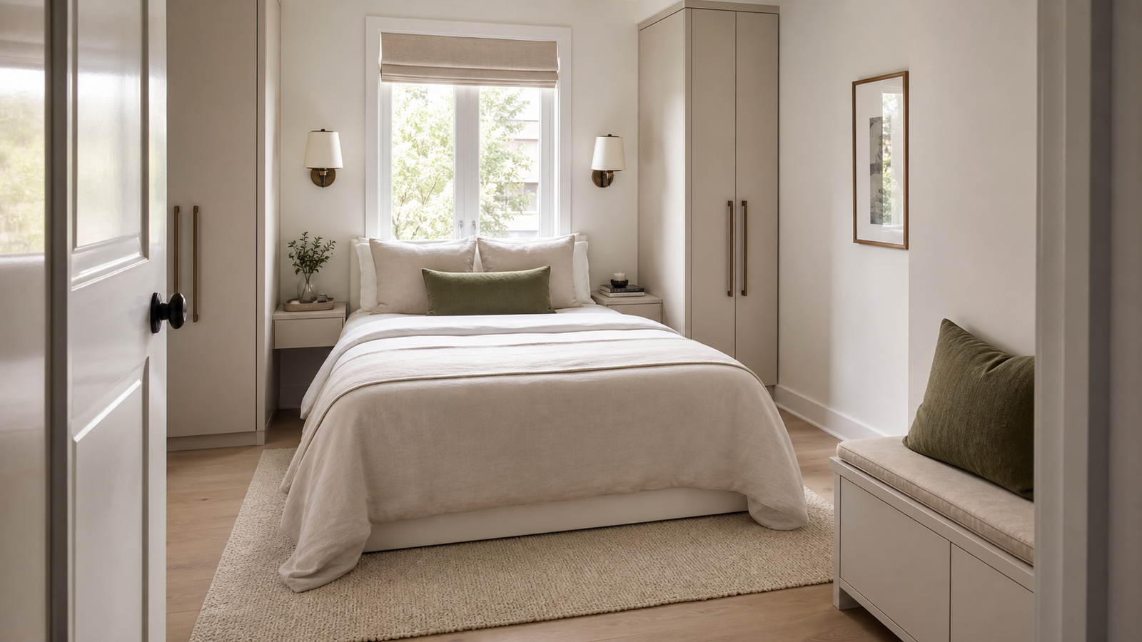 Stylish small bedroom with centered bed, built-in storage, floating nightstands, and wall sconces