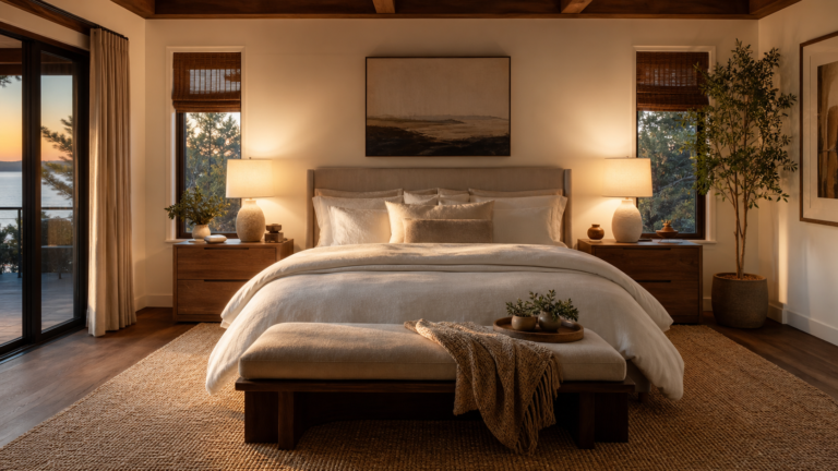 Cozy stylish luxury bedroom retreat with layered bedding and warm lighting