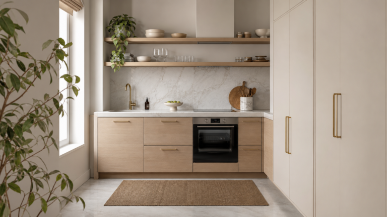 Luxury very small kitchen with marble backsplash, pale oak cabinetry, brass details, and natural light