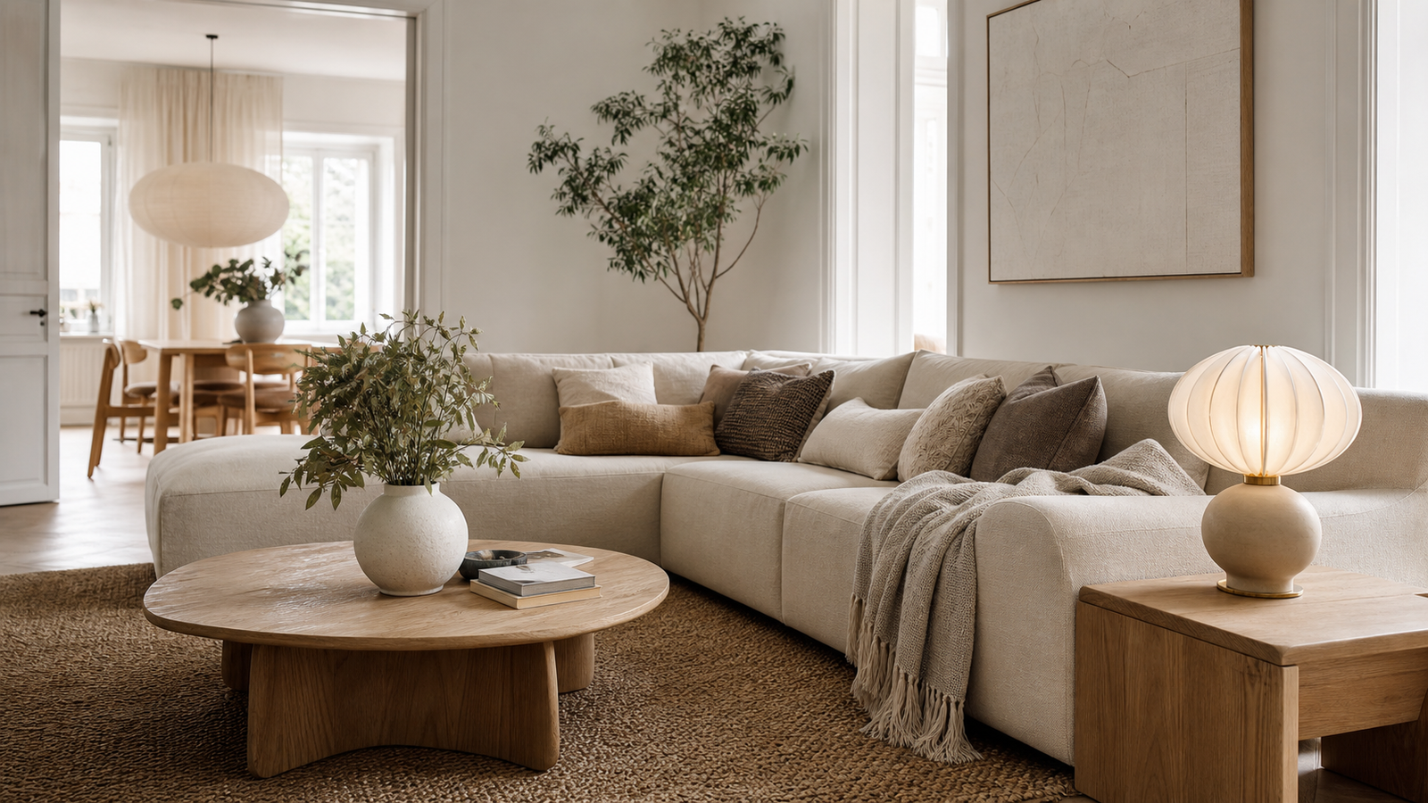 Calm Scandinavian interior with pale oak furniture, linen sofa, wool rug, and warm natural light