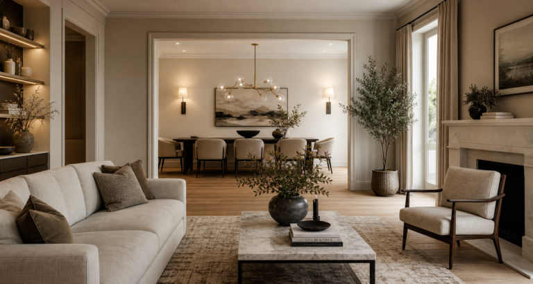 Luxury open-plan home with elegant room decor inspiration, layered textures, sculptural lighting, and refined neutral styling