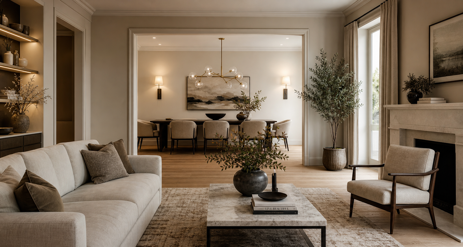 Luxury open-plan home with elegant room decor inspiration, layered textures, sculptural lighting, and refined neutral styling