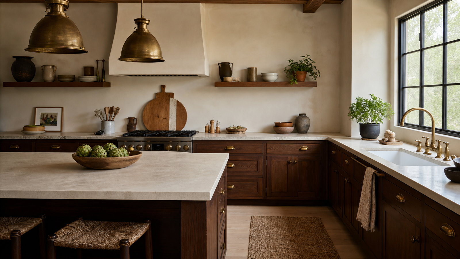Warm functional kitchen with wood cabinets stone island brass details and soft lighting