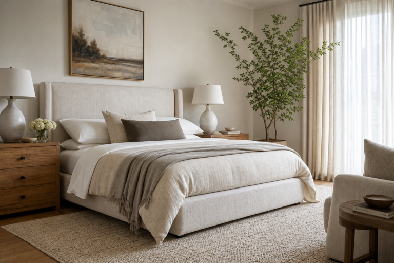 Stylish personal bedroom refresh with layered bedding, desk nook, shelves, mirror, and warm lighting