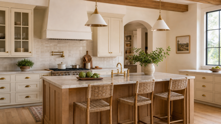 Modern farmhouse kitchen with warm wood island creamy cabinets stone counters and pendant lights