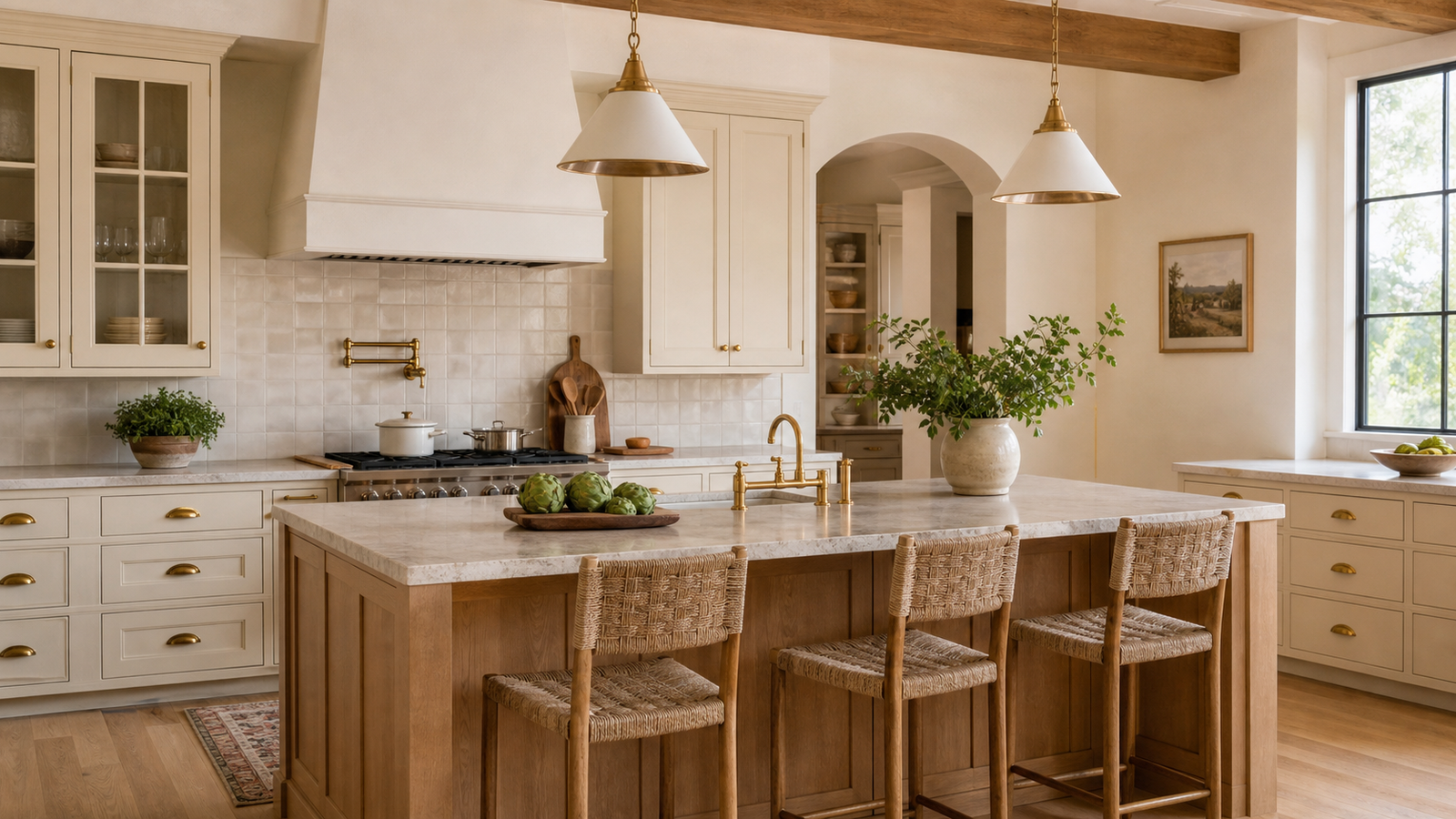 Modern farmhouse kitchen with warm wood island creamy cabinets stone counters and pendant lights