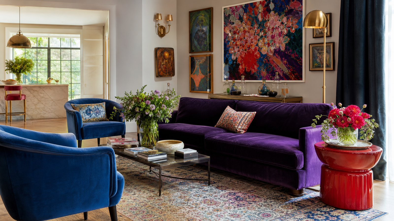 Luxury living room with colorful dopamine decor, velvet seating, bold art, brass lighting, and patterned textiles