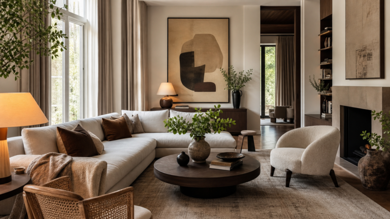 Cozy designer aesthetic living room with layered lighting, large rug, and elegant decor