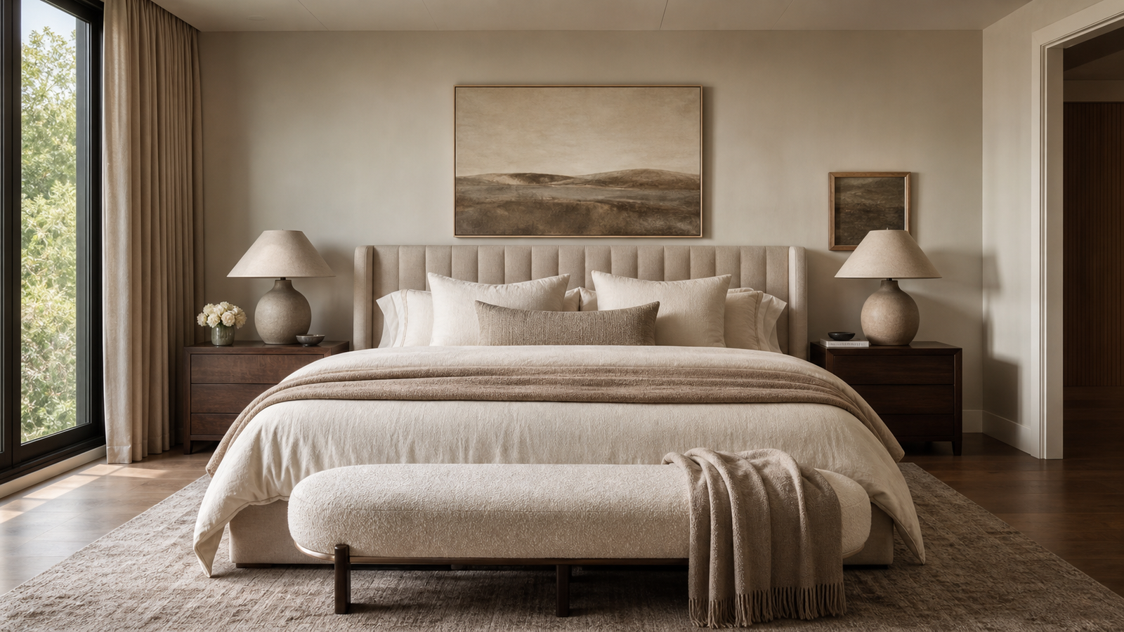 Modern cozy bedroom with layered bedding, warm wood furniture, soft curtains, and sculptural lighting