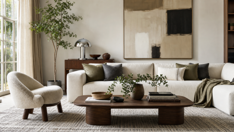 Cool modern living room with sculptural furniture, oversized art, plants, and polished decor accents