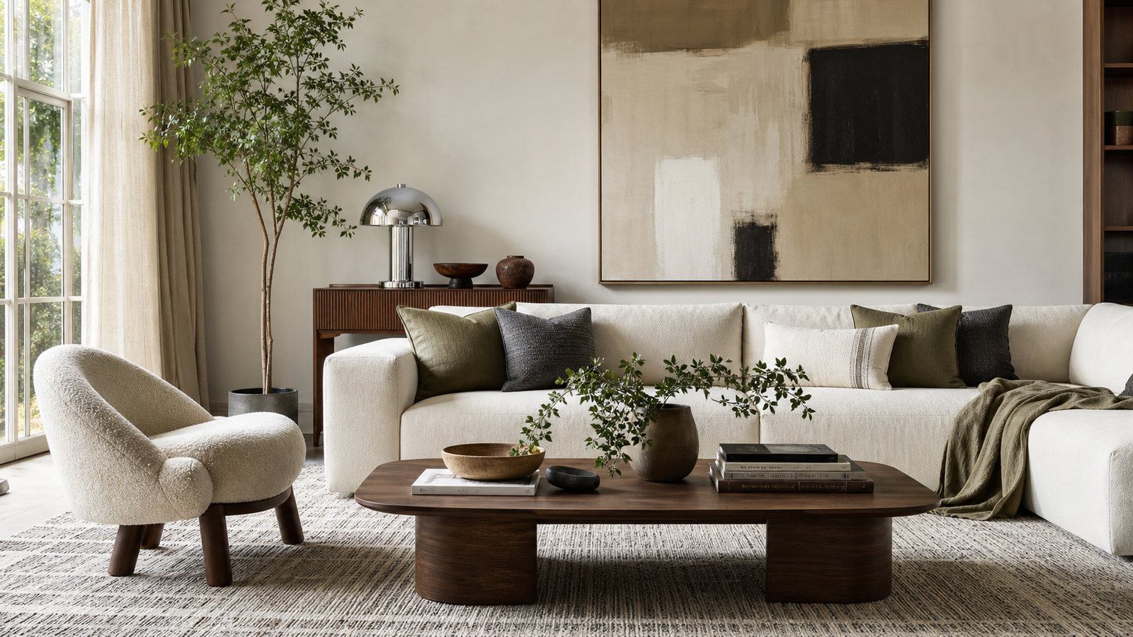 Cool modern living room with sculptural furniture, oversized art, plants, and polished decor accents