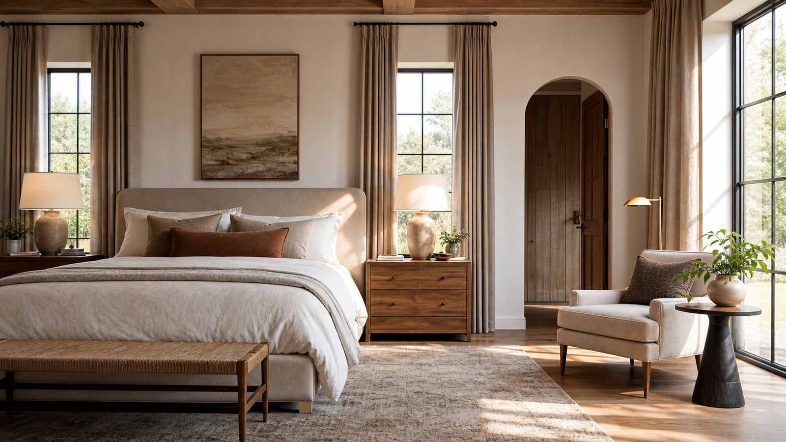 Cozy stylish luxury bedroom retreat with layered bedding and warm lighting