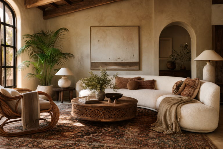 Cozy designer boho living room with layered textiles, natural materials, and warm lighting