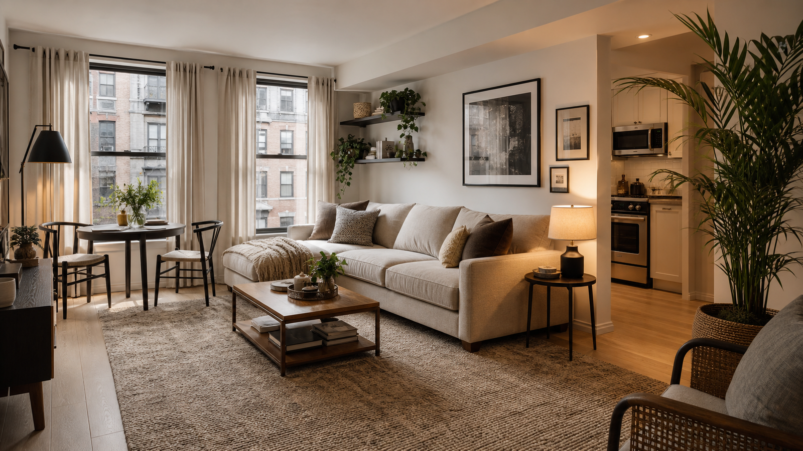 Cozy stylish rental apartment with layered lighting warm rug plants art and smart storage