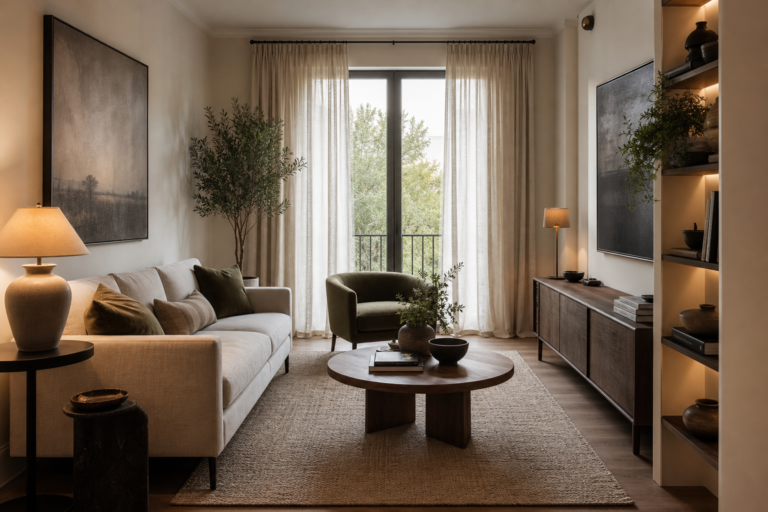 Cozy small living room with designer furniture, layered lighting, and warm neutral decor