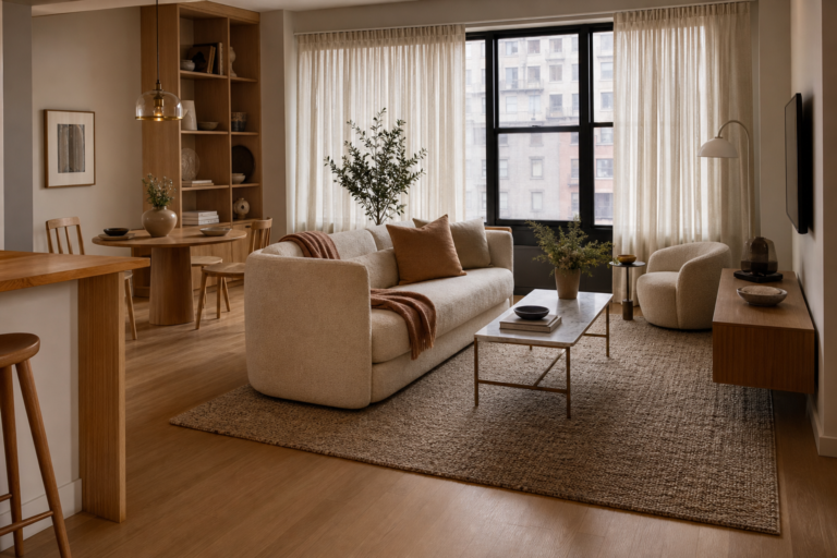 Cozy stylish small apartment rental with layered neutral decor, compact furniture, and warm natural light