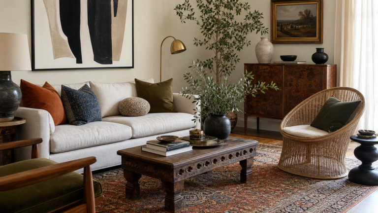 Eclectic living room with vintage rug, rattan chair, carved wood table, modern art, and brass lighting