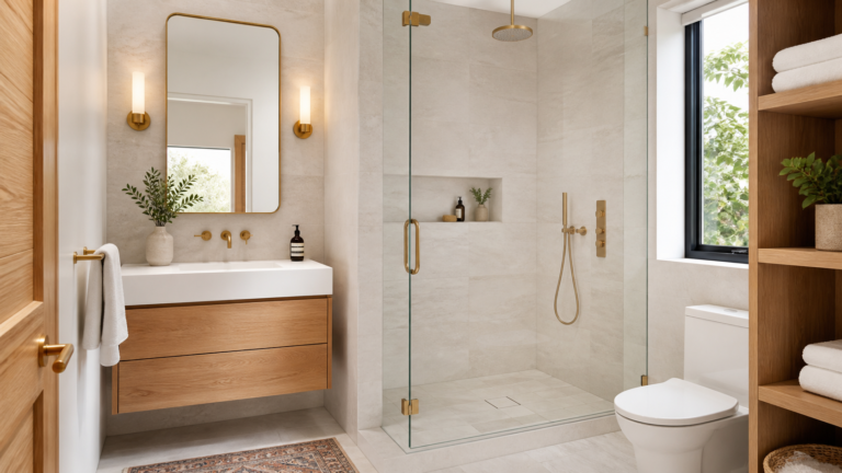 Fresh small full bathroom with space-smart vanity, glass shower, and pale tile