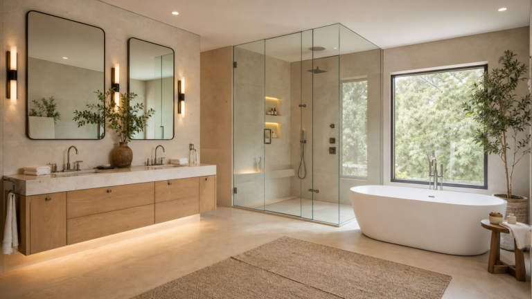Modern spa-like bathroom with warm wood vanity, glass shower, freestanding tub, and creamy stone finishes