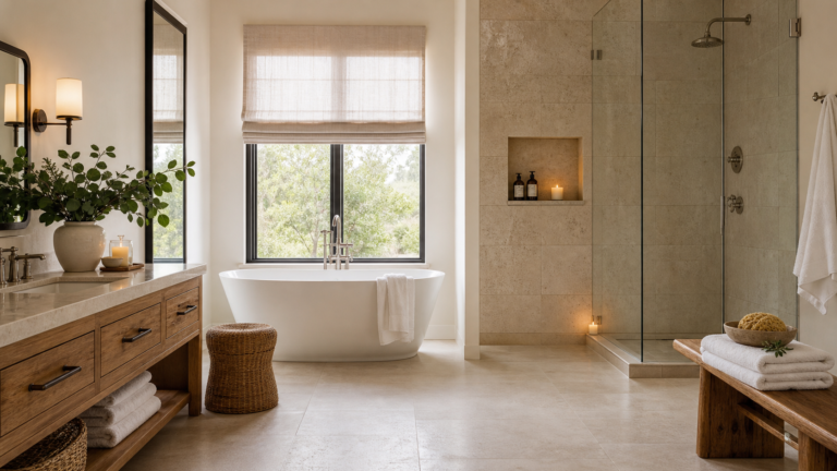 Spa-like bathroom with stone tile, oak vanity, freestanding tub, glass shower, linen shade, and plush towels