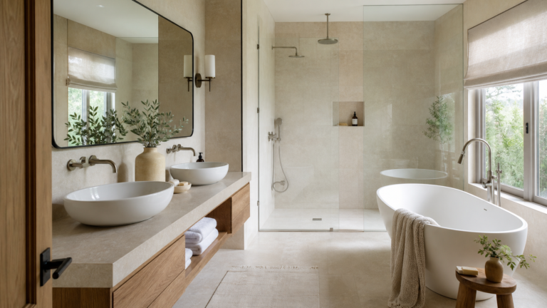 Modern spa-like bathroom with limestone walls, floating oak vanity, glass shower, and freestanding tub