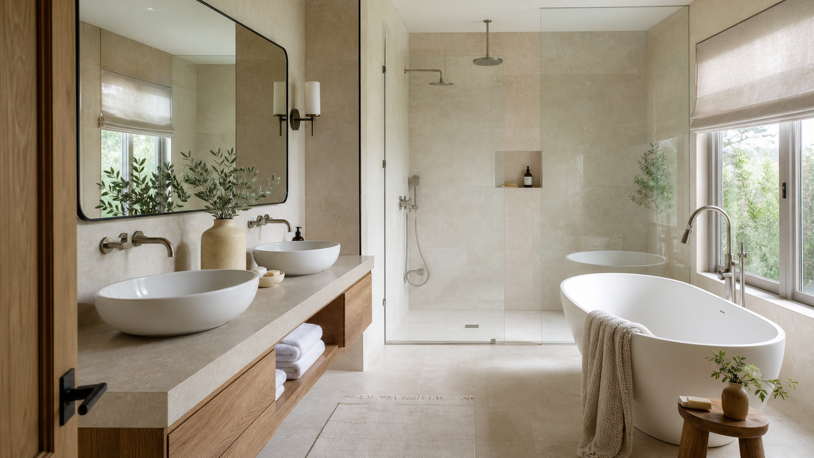 Modern spa-like bathroom with limestone walls, floating oak vanity, glass shower, and freestanding tub