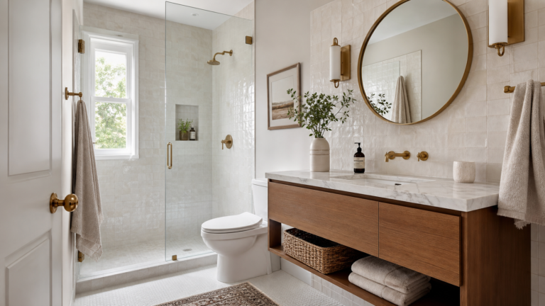Fresh small bathroom with pale tile warm wood vanity and smart storage