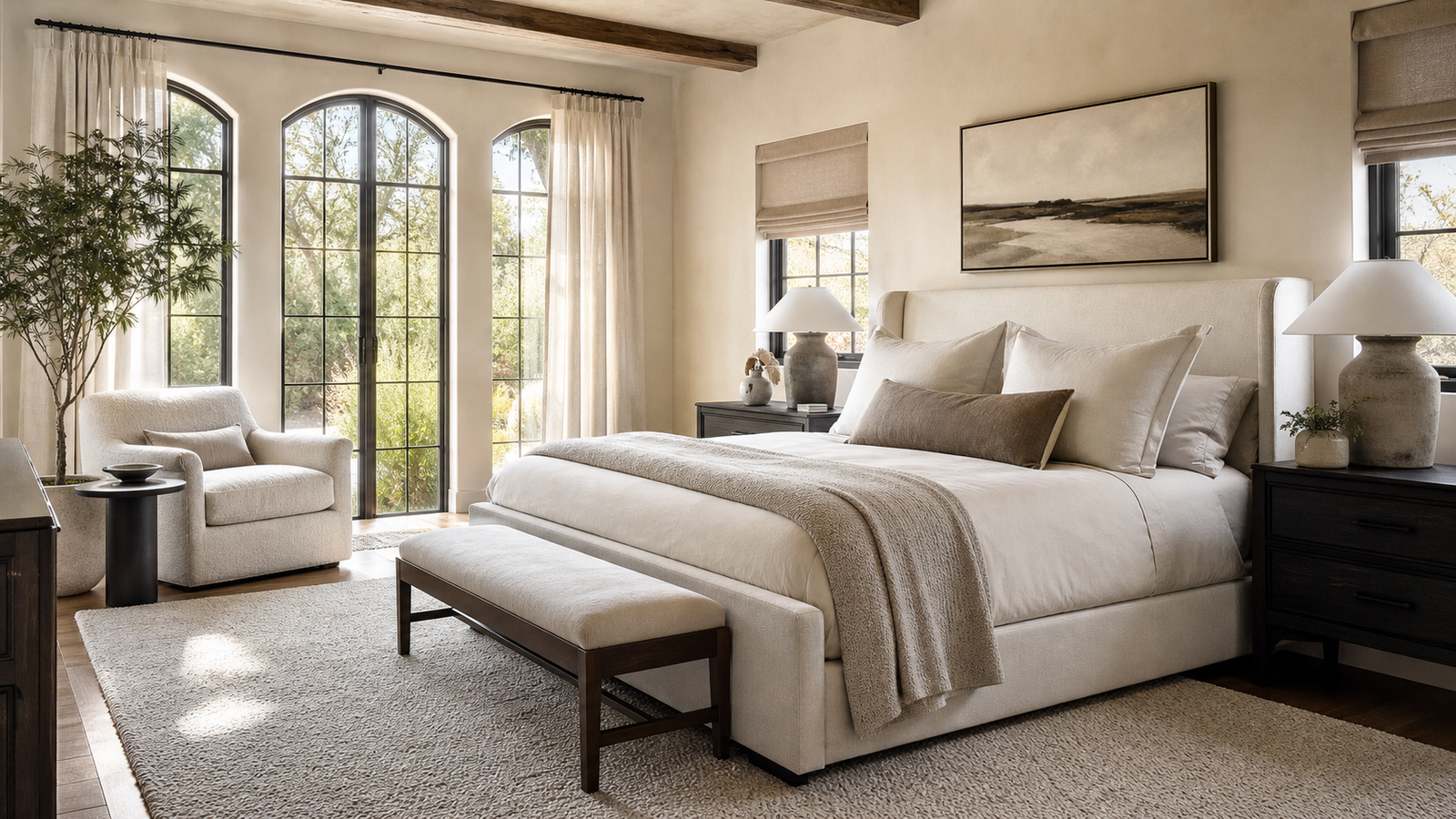 Cozy stylish luxury bedroom retreat with layered neutral bedding and warm wood accents