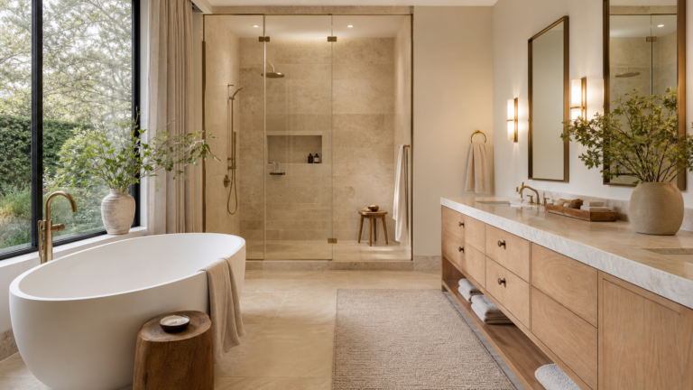 Spa-like master bathroom with soaking tub, glass shower, stone tile, and warm lighting