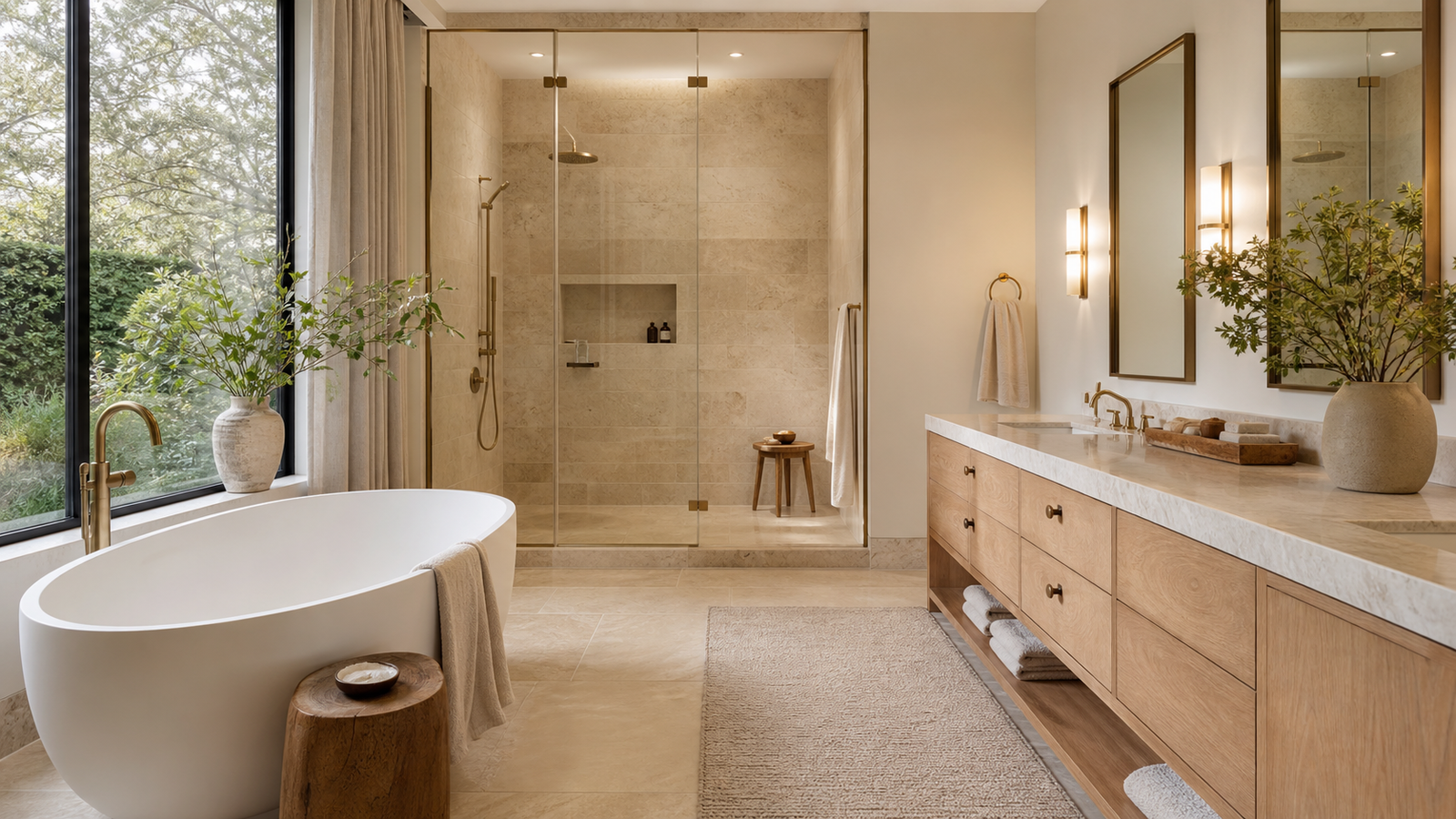 Spa-like master bathroom with soaking tub, glass shower, stone tile, and warm lighting