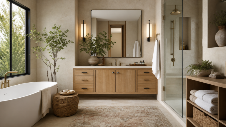 Spa-like bathroom refresh with warm stone, oak vanity, soaking tub, and soft layered lighting