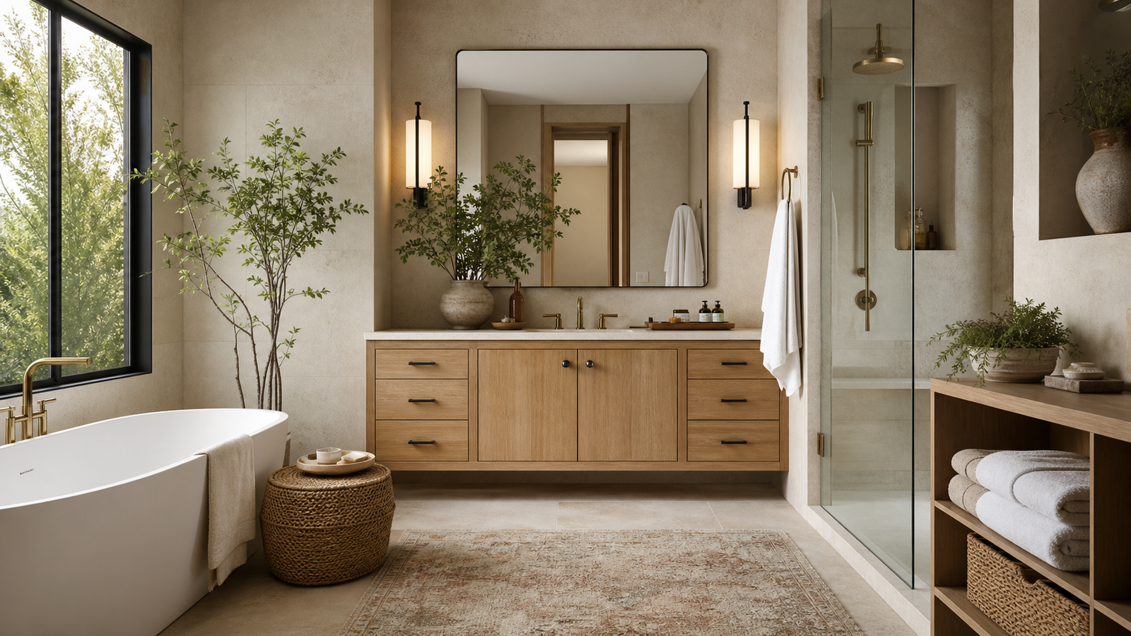 Spa-like bathroom refresh with warm stone, oak vanity, soaking tub, and soft layered lighting