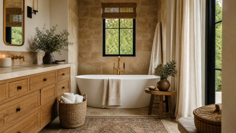 Cozy spa-like bathroom with warm stone, oak vanity, soft towels, and natural light