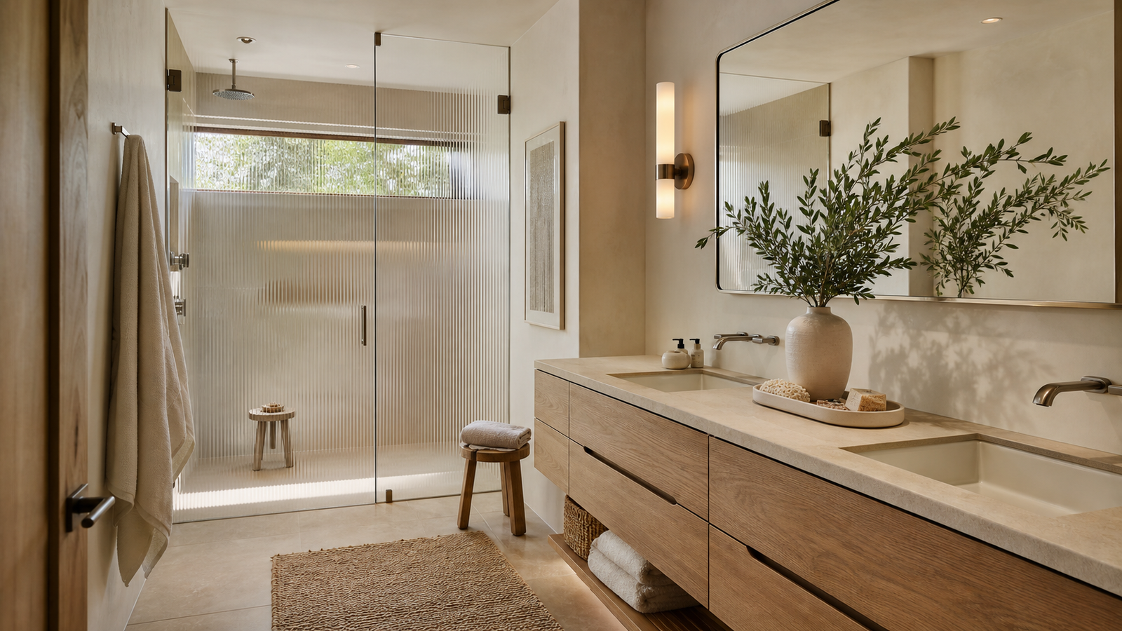 Aesthetic spa-like bathroom with oak vanity, stone countertop, fluted glass shower, and warm lighting